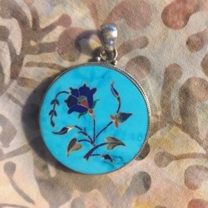 Round sterling and turquoise pendant.  Taj Mahal